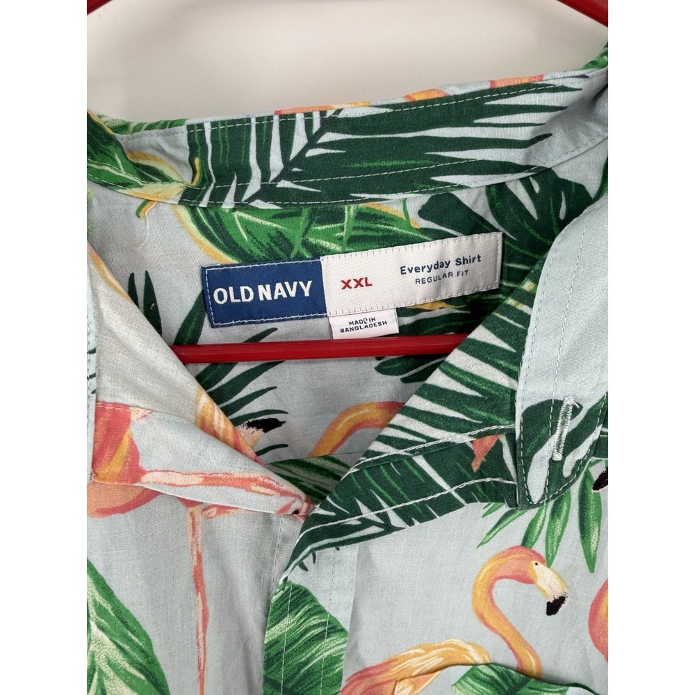 Old Navy Mens XXL Flamingo Hawaiian Shirt Tropical Palm Leaf Button Up - Picture 2 of 9
